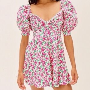 For Love And Lemons Pink and Green Puff Sleeve Mini Sundress